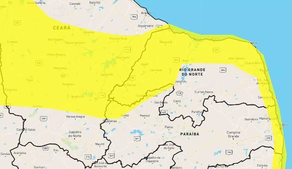 Inmet emite alerta amarelo de chuvas intensas para Natal e mais 102 cidades do RN