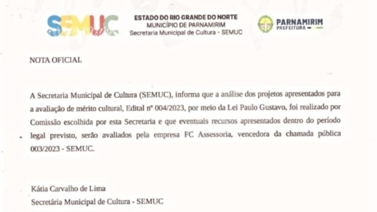 Parnamirim: Secretaria Municipal de Cultura (Semuc) emite nota sobre a Lei Paulo Gustavo