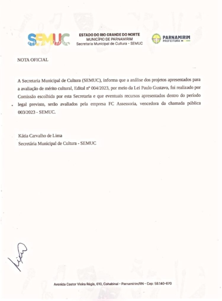 Parnamirim: Secretaria Municipal de Cultura (Semuc) emite nota sobre a Lei Paulo Gustavo
