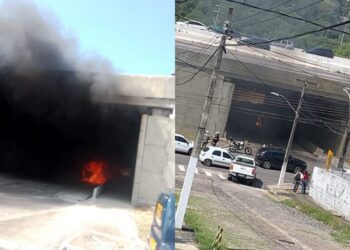 Carro pega fogo no acesso à UFRN na Avenida Salgado Filho