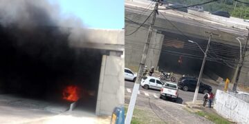 Carro pega fogo no acesso à UFRN na Avenida Salgado Filho