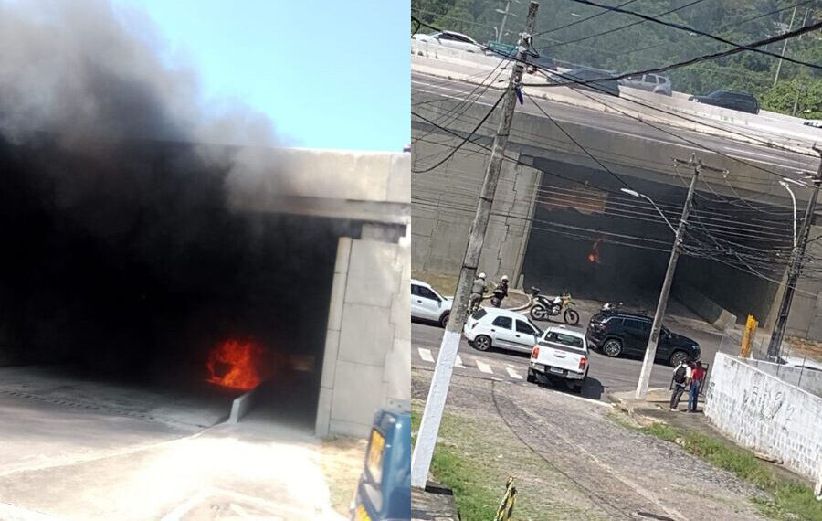 Carro pega fogo no acesso à UFRN na Avenida Salgado Filho