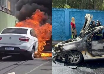 VÍDEO: Carro fica com frente destruída após pegar fogo em Natal