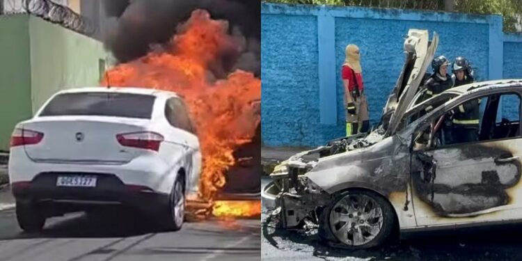 VÍDEO: Carro fica com frente destruída após pegar fogo em Natal