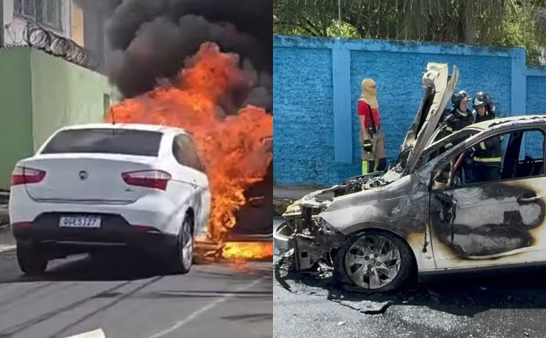 VÍDEO: Carro fica com frente destruída após pegar fogo em Natal